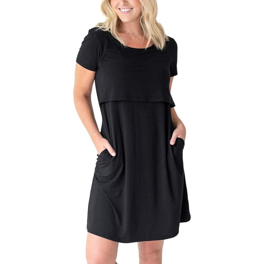 Maternity Nursing Dress Soft Bamboo Spandex Short Sleeve Pockets Breastfeeding